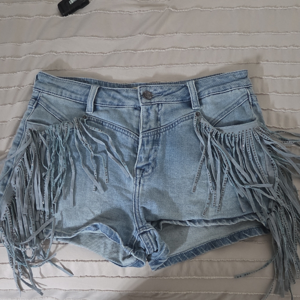 Light Blue Fringe Jean Shorts